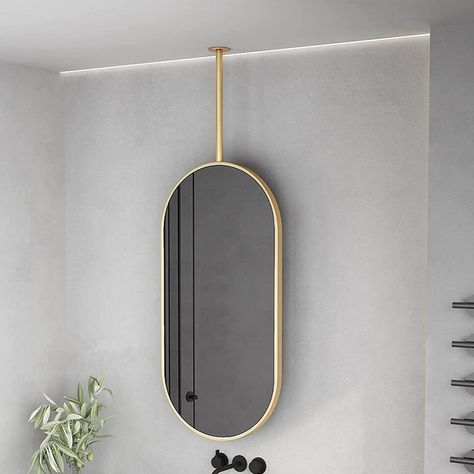 Mirror Hung From Ceiling, Ceiling Mount Mirror Bathroom, Hanging Mirror Decor, Ceiling Mounted Mirrors, Ceiling Hanging Mirror, Mirror With Metal Frame, Ceiling Mounted Mirror Bathroom, Ceiling Mount Mirror, Ceiling Hung Mirror