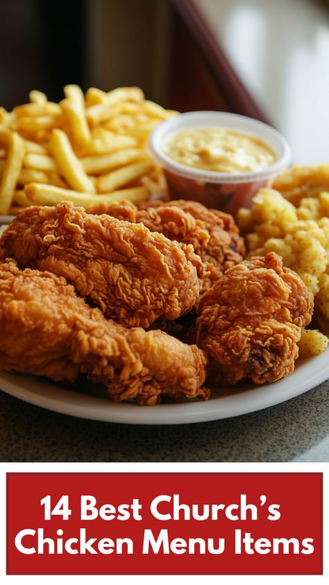 A plate of crispy fried chicken and sides from Church's Chicken, showcasing popular menu items. Churchs Chicken Copycat, Churches Chicken Recipe, Churches Chicken, Churchs Chicken, Chicken Menu, Crispy Fried Chicken, Chicken Tenders, Menu Items, Satisfying Food