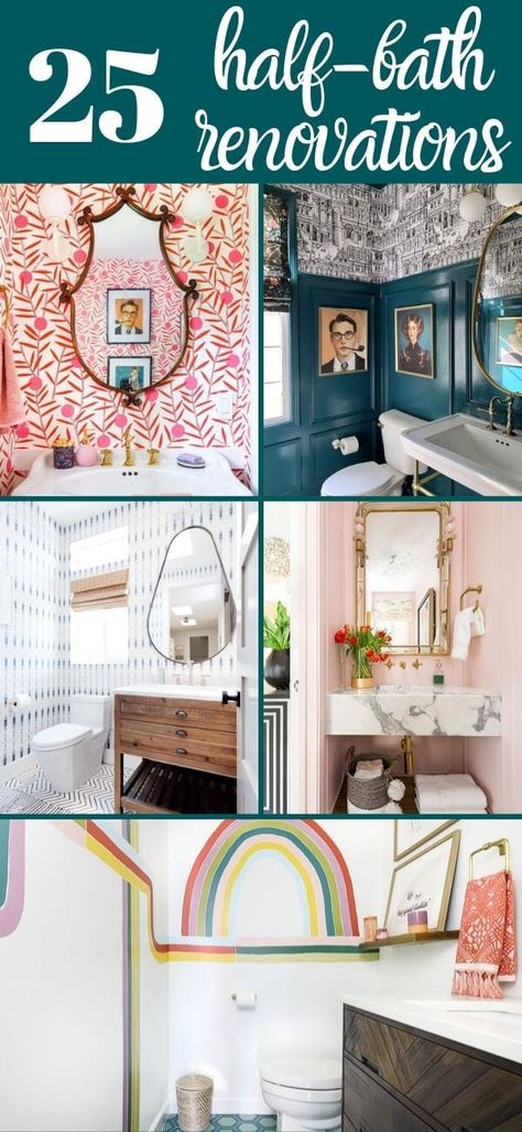 Small Powder Room Ideas Wallpaper Wainscoting, Half Bath With Wainscotting And Wallpaper, Half Bathroom Makeover Wallpaper, Tiny Half Bathroom Ideas Glam, Maximalist Half Bathroom Decor, Powder Room Redo On A Budget, Small Bathroom Remodel 2023, Retro Half Bathroom Ideas, Hall Half Bathroom Ideas Small