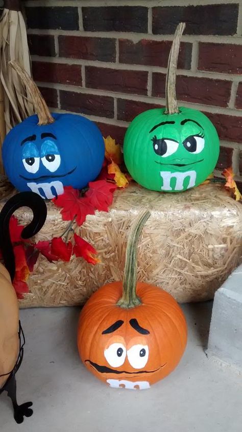 M&M Pumpkins Painted Mummy Pumpkin, What To Paint On My Pumpkin, M & M Painted Pumpkins, M&m Pumpkin, Group Pumpkin Painting Ideas, Group Pumpkin Decorating Ideas, M M Pumpkin Painting, Christian Pumpkin Painting, Matching Pumpkin Painting Ideas