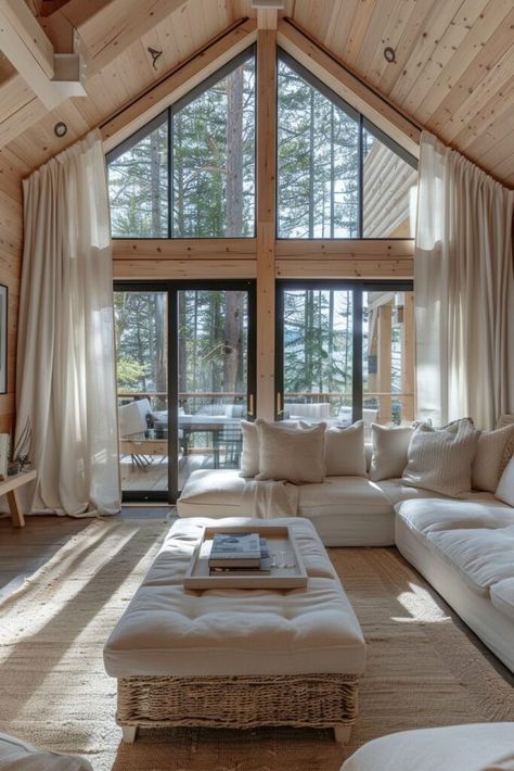 Canadian Cottage Interiors, Scandinavian Log Cabin Interior, Updated Cabin Interior, A Frame House Interior Ideas, Modern Log Cabin Interior, Pilot View, Scandinavian Cabin Interior, Small Mountain Cabin, Lincoln Nh