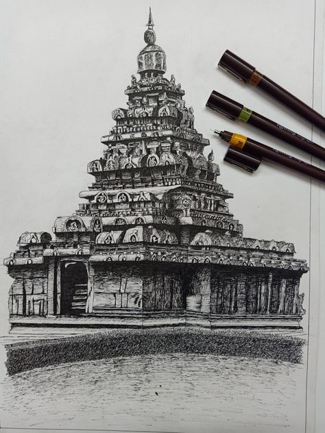 Temple Sketches Indian Simple, Vittala Temple Hampi Sketches, Pen Rendering Sketches, Temple Architecture Sketch, Indian Temple Drawing, Temple Drawing Indian, Temple Sketches Indian, Indian Architecture Sketches, Temple Art Drawing