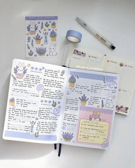 A journal notebook with bunny and lavender stickers. Bujo Doodles, Journal Spreads, May 1st, Cute Journals, Journal Inspo, Journal Layout, New Sticker, Lavender Color, Lavender Flowers