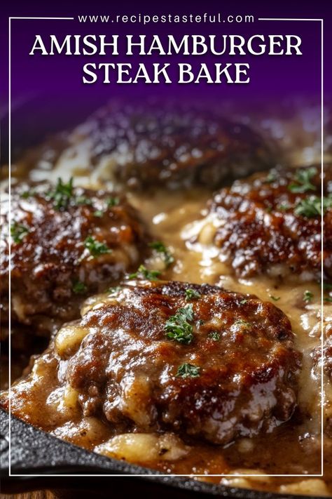 This comforting Amish Hamburger Steak Bake is a hearty dish featuring layers of seasoned beef patties, creamy gravy, and tender potatoes. Easy to prepare and perfect for family dinners, this bake is sure to become a favorite in your home. With its rich flavors and satisfying textures, it's a great way to enjoy a classic comfort food. Hamburger Steak In Oven, Baked Hamburger Patties, Oven Steak Recipes, Steak Bake, Baked Hamburgers, Beef Patties Recipes, Hamburger Steak Recipes, Hamburger Steak And Gravy, Hamburger Recipes Patty