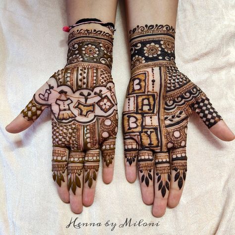 Sreemantham Mehendi Designs, Baby Girl Mehendi Design, Shreemant Mehndi, Fiya To Be Mahndi, Baby Shower Mendhi Design, Mehndi Designs Baby Shower Hand, Beby Savar Mehndi, Baby Mehendi Designs Hands, Mehendi For Baby Shower Indian