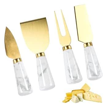 Hallops Marble Cheese Knife Set - 4 Knives for Charcuterie Board & Utensils, Rustic Ceramic White Handle, Elite-Quality Cutlery, Ideal Serving Accessories for Cheese & Wine - Ideal Gift Charcuterie Knives, Marble Handle, Cheese Knife Set, Cheese Knife, Types Of Cheese, Rustic Ceramics, Cheese Knives, Wine Cheese, Knife Set