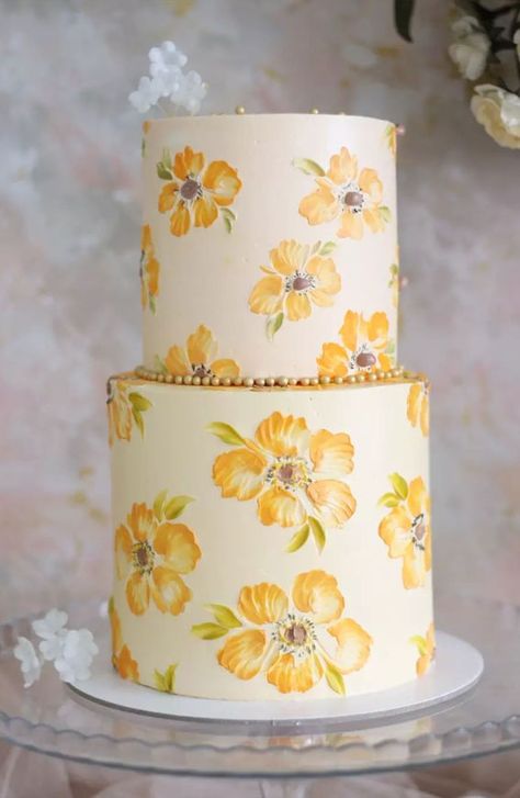 21. Yellow Flower Two Tiers Buttercream cake is a classic and delicious choice for any celebration, and the possibilities for decorating with buttercream frosting... Decorating With Buttercream Frosting, Cake Design Aesthetic, Flower Cake Ideas, Korea Cake, Different Types Of Cakes, Cupcake Decorating Tips, Buttercream Flower, Buttercream Flower Cake, Birthday Cake With Flowers