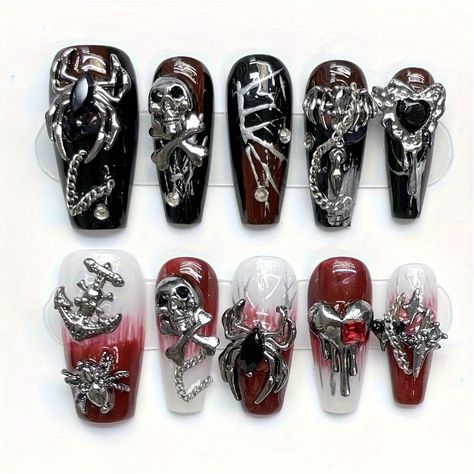 Halloween Themed Press-On Nail Art: Wearable Embossed Skull Bowtie Heart Nails in Black, Red, And White Gothic Style https://share.temu.com/XFlorRIhp7A via @shoptemu Halloween Press On Nails, Gothic Nails, Luxury Nails, Nail Art Accessories, Heart Nails, Nail Charms, Nail Arts, Artificial Nails, Nail Accessories