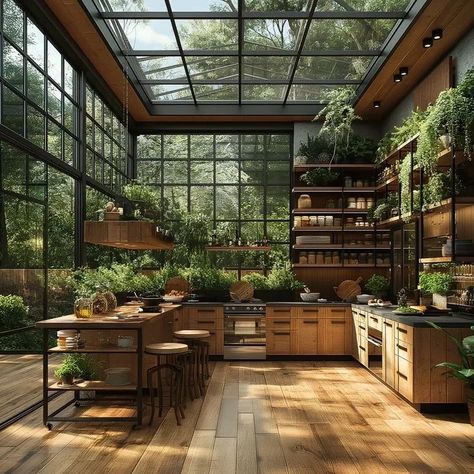 Plant Filled Kitchen, Kitchens With Plants, Kitchen With Glass Ceiling, Greenhouse Kitchen Extension, Greenhouse Apartment, Converted Greenhouse, Glass House Kitchen, Greenhouse Dining Room, Solarium Kitchen