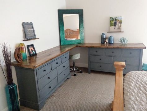 Two Dressers Combined To Make A Desk Wood Burning Sauna, Dresser Flip, Corner Dresser, Makeup Corner, Dresser Flips, Kids Clothes Storage, Corner Drawers, Sauna Diy, Drawers Bedroom