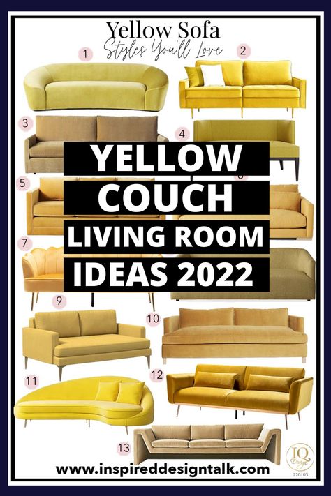 I love yellow sofa living room colour palettes! These yellow couch ideas are perfect for my new apartment. Yellow Sofa Decor Ideas, Rooms With Yellow Sofa, Gold Sofas Living Room, Yellow Couch Decor Ideas, Gold Sofa Living Room Ideas, Gold Couch Living Room Ideas, Yellow Couch Aesthetic, Beige And Yellow Living Room, Yellow Sofa Living Room Colour Palettes