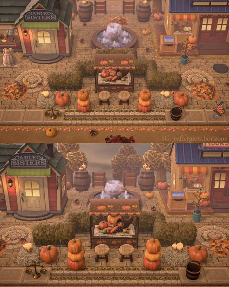 Animal Crossing Store Layout, Acnh Fall Towncore, Acnh Fall Nooks Cranny, Fall Ideas Acnh, Animal Crossing Town Inspiration, Fall Theme Animal Crossing, Acnh Town Island, Acnh Autumn Design Code, Victorian Animal Crossing Island