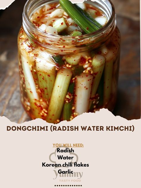 🥕 "Try Dongchimi—a refreshing radish water kimchi that's perfect for adding a crisp, tangy flavor to your meals! 🥢🌟 #Dongchimi #Kimchi" Dongchimi (Radish Water Kimchi) Ingredients: Radish (2, peeled and cut into sticks) Water (4 cups) Korean chili flakes (2 tbsp) Garlic (4 cloves, minced) Ginger (1-inch piece, sliced) Green onions (1/4 cup, chopped) Salt (2 tbsp) Sugar (1 tbsp) Instructions: Combine water, salt, and sugar to create a brine. Place radish, garlic, ginger, and green onions i... Kimchi Ingredients, Water Kimchi, Korean Chili Flakes, Radish Kimchi, Korean Chili, Chili Flakes, Meat Dishes, Green Onions, Recipe Collection