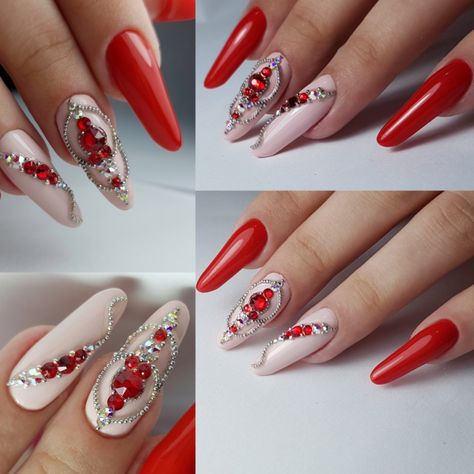 Red Stone Nails, Red Nails With Stones, Red Crystal Nails, Nails Cristales, Nails Gel Winter, Nails Gel Almond, Red Nails With Rhinestones, Nail Stamping Designs, Pink Tip Nails