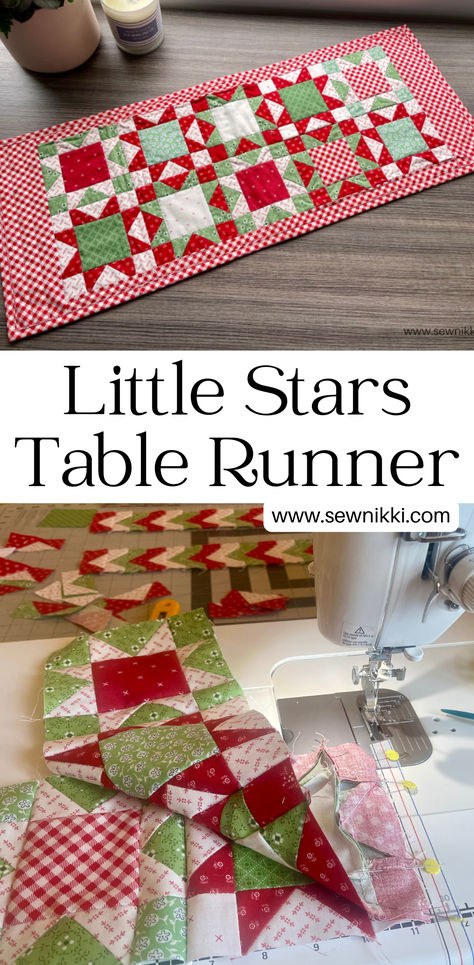 completed sawtooth star quilt pattern mini table runner and sewing Christmas Sewing Table Runner, Star Table Runner Free Pattern, Quilted Christmas Runners Patterns, Table Runner Patchwork, Fabric Table Runners Diy, Table Runner Ideas For Round Tables, Ohio Star Table Runner Pattern, Christmas Star Quilt Pattern, Zig Zag Table Runner Pattern Free