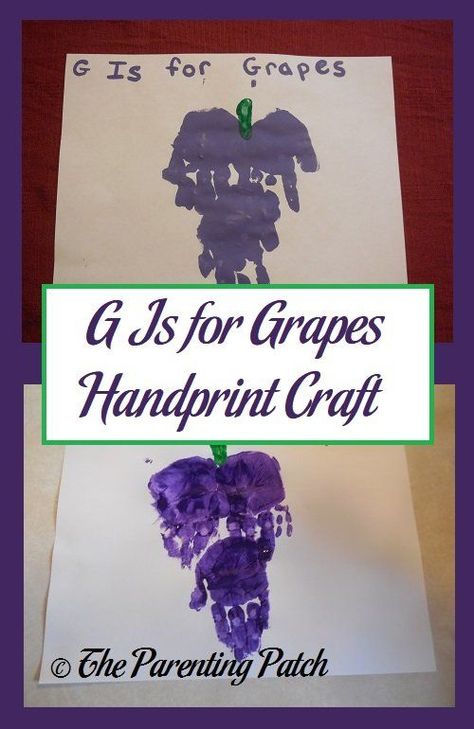 G is for grapes! Make a letter G grape craft with handprints and fingerprints using nontoxic paint. Grape Handprint Craft, Letter G Art Preschool, G Is For Craft, Letter G Handprint Craft, Nutrition Crafts For Preschool, Letter G Crafts For Toddlers, G Is For, Letter G Craft, Letter G Crafts For Preschoolers