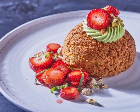 Strawberry Pistachio Choux au Craquelin | DFI Foodservice Pistachio Choux Au Craquelin, Choux Paste, Choux Craquelin, Strawberry Pistachio, Pistachio Cream, Vanilla Paste, Whole Eggs, Event Ideas, Fresh Strawberry