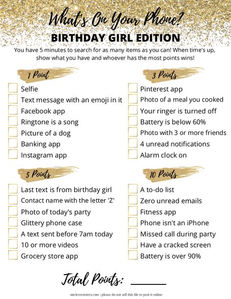 What's On Your Phone {Free Printable Birthday Game} Fun Games To Do At A Birthday Party, Free Printable Birthday Party Games For Adults, Birthday Games For 18th Birthday, 20th Birthday Games, Birthday Jepordy Game Diy Questions, What Is On Your Phone Game, Birthday Party Games Printable, Fun Bday Party Games, Activities For Bday Parties