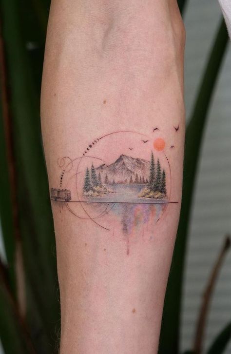 Mountain Tattoo Color, Northern Lights Tattoo, Zen Tattoo, Natur Tattoo Arm, Lake Tattoo, Famous Tattoo Artists, Flying Bird Tattoo, Sunset Tattoos, Cool Wrist Tattoos