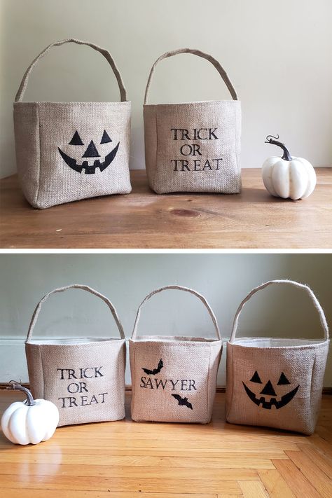 Natural burlap and linen Halloween trick or treat basket. This adorable Halloween basket can be personalized with the name or saying of your choice. Diy Halloween Trick Or Treat Bags, Halloween Bags Diy, Treat Basket, Halloween Baskets, Diy Burlap, Halloween Bags, Trick Or Treat Bags, Halloween Trick Or Treat, Halloween Hacks