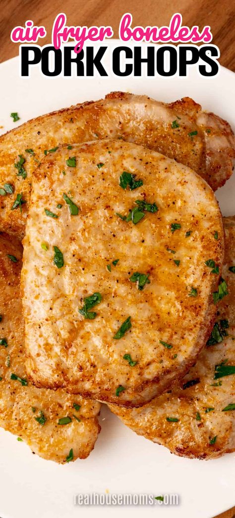 Tender, juicy, and oh so easy! Air Fryer Boneless Pork Chops are a savory, scrumptious, super easy weeknight dinner the whole family loves! #Realhousemoms #airfryer #boneless #porkchops #savory #easyrecipe #weekightdinner #familylove #summerrecipe #maindish Air Fryer Pork Chops Boneless, Air Fryer Recipes Pork Chops, Air Fryer Boneless Pork Chops, Baked Boneless Pork Chop Recipes, Pork Loin Chops Recipes, Baked Boneless Pork Chops, Air Fry Pork Chops, Cooking Boneless Pork Chops, Boneless Pork Loin Chops