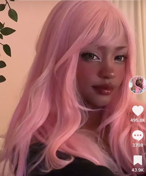 Black Cute Makeup, Dolly Gyaru Makeup, Pink Make Up Black Women, Doll Makeup Black Woman, Dark Skin Reference, Egirl Blush, Pink Hair On Dark Skin, Pink Hair Dark Skin, Kawaii Black Women