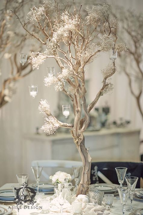 manzanita tree winter wonderland wedding centerpieces with babybreath and hanging lights Winter Wonderland Wedding Centerpieces, Manzanita Tree Centerpieces, Wonderland Wedding Theme, Tree Centerpiece, Branch Centerpieces, Winter Wedding Centerpieces, Manzanita Tree, White Winter Wedding, Indoor Wedding Ceremonies