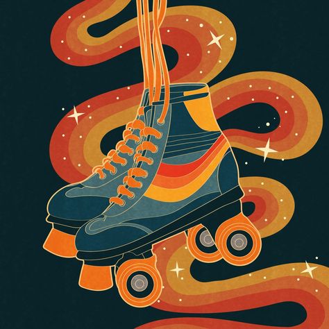 Retro 70s, 80s roller skates illustration. Stars swirls, yellow orange red blue Groovy Roller Skates, Roller Skating Painting, Retro Roller Skates Illustration, Orange Roller Skates, Roller Skates Painting, Retro Things To Paint, Roller Skates 80s, 70s Illustration Art, 80s Wall Art