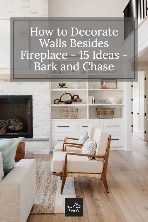 Most living rooms are designed around a fireplace, making it the room’s focal point. Therefore, it’s important to make good use of the space surrounding and adjacent to it. When we look at a fireplace, our eyes are drawn to the space immediately on each side of it. This is why the walls on either side of the fireplace are a great way to draw the eye and make a statement. How To Style Sides Of Fireplace, Shelves Around Fireplace With Tv, How To Decorate On Either Side Of Fireplace, Fireplace With Art On Both Sides, How To Create A Fireplace Wall, Wall Decor Sides Of Fireplace, Styling Bookshelves Next To Fireplace, Pictures Beside Fireplace, Decorating Beside Fireplace