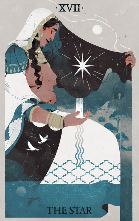 Tarot Card Character Design, Tarot Cards Design Illustration, Tarot Card Illustration Design, Cool Tarot Card Designs, The Star Tarot Art, Tarot Design Illustration, Tarot Card Art Illustration, Viv Tanner, The Star Tarot Card Art