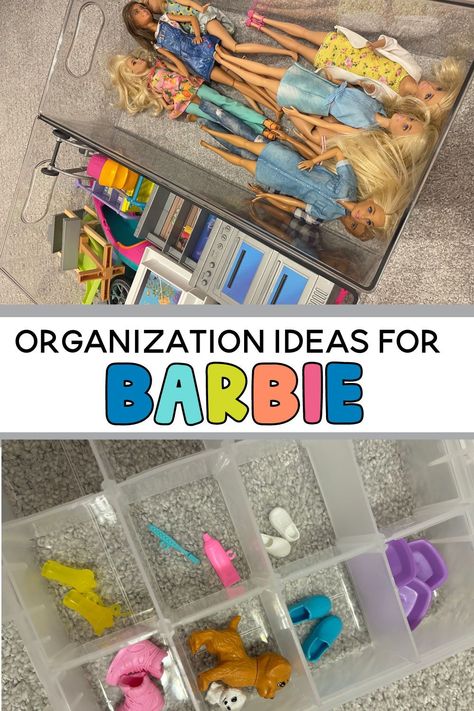 Revamp your child's play space using these practical and creative Barbie organization ideas. Whether you're selecting the ideal storage solutions or creating an impressive display for your entire Barbie collection, learn the secrets to maintaining order and achieving a well-organized space. This post is brimming with storage bin ideas, label suggestions, and more to make organization a breeze! Barbie Storage Hack, Barbie Clothing Storage, How To Display Dolls, Barbie House Storage Ideas, Barbie Toys Organization Ideas, Barbie Set Up, Diy Barbie Storage Ideas, Art Supply Organization Kids, Barbie Dream House Storage