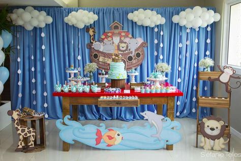 Noah's Ark Birthday Party Ideas | Photo 4 of 15 | Catch My Party Noah Ark 1st Birthday, Noah Ark Decorations Ideas, Ark Birthday Party Ideas, Noah's Ark Birthday Party Ideas, Noah Ark Baby Shower Ideas, Noah's Ark Baby Shower Decorations, Noahs Ark Baby Shower Decorations, Two By Two Birthday Noah's Ark, Noah’s Ark First Birthday Party