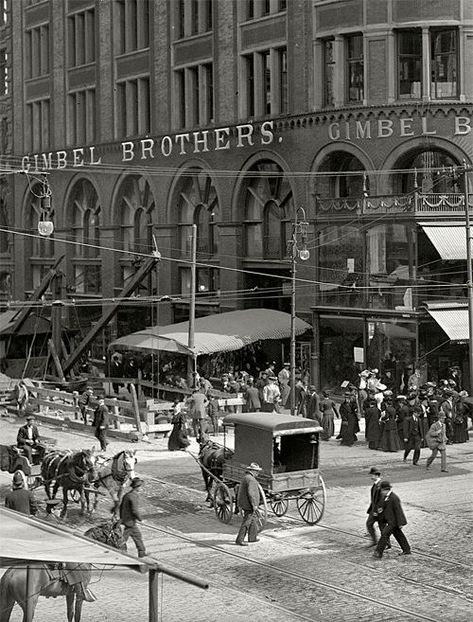 Original Building on Market St at 8th St opened in 1894 by Adam Gimbel. Company headquarters was moved here. His first store in Vincennes, Indiana in 1842. 1887-moved company operations to Gimbel Bros Dept Store, Milwaukee, Wisconsin and became a chain when he opened Phila Gimbel's. Gimbels Department Store, Philadelphia History, Historic Philadelphia, Pennsylvania History, Vintage Philadelphia, Home Town, Department Stores, Vintage New York, American Cities