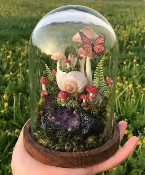 Crystal Jars, Mobiles Art, Crystal Terrarium, Mushroom Butterfly, Kawaii Decor, Plant Friends, Magic Crystal, Mushroom Crafts, نباتات منزلية