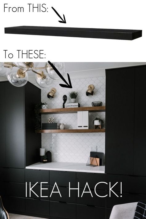 Easy DIY Floating Shelves that you can put in any home! Love the idea of using the IKEA Lack Shelves for the base in this genius IKEA hack! Hang these shelves in the bathroom, kitchen, bedroom, office, living room, or anywhere that needs shelving! Cheap and affordable wooden shelves that you can customize with any stain of your choice! Learn how to build these simple guys in one afternoon! #woodworking #floatingshelves #bookshelves #office #moderndecor #moderndesign #ikeahack #ikea Shelves In The Bathroom, Bookshelves Office, Lack Shelves, Lack Shelf, Ikea Lack Shelves, Ikea Floating Shelves, Kitchen Floating Shelves, Diy Regal, Ikea Lack