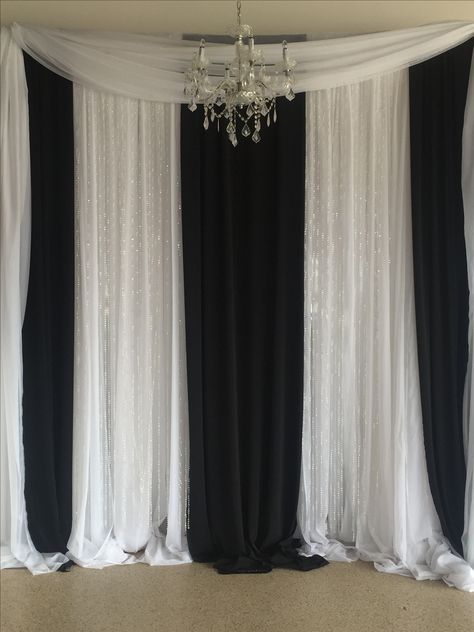 Pipe and drape backdrop with beaded curtain - Small Available colours - White, black, ivory, and blush pink Drape Backdrop, Pipe And Drape Backdrop, Black And White Wedding Theme, Black White Parties, Beaded Curtain, White Wedding Theme, Prom Decor, Prom Theme, White Drapes