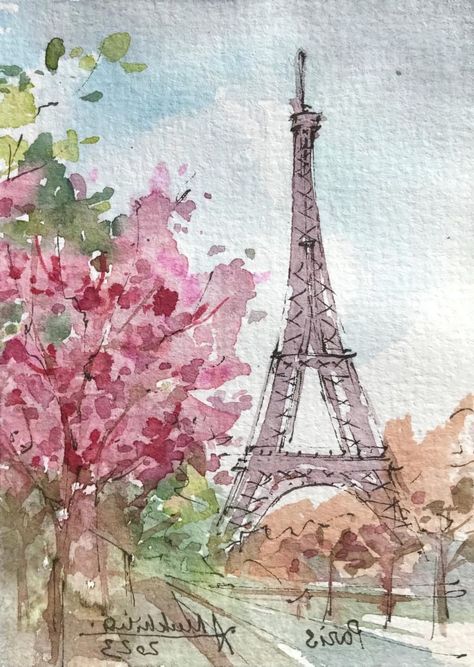 Pretty Things To Watercolor, Simple Painting Ideas Watercolour, Flower Watercolor Paintings, Paris Painting, Diy Watercolor Painting, Cute Paintings, Watercolor Art Lessons, Art Inspiration Painting, Watercolor Drawing