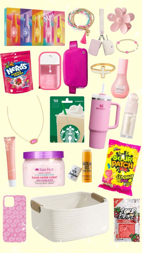 Birthday Basket!!! #preppy #pink #birthday !!!💗💗💗 Hot Pink Birthday Gift Basket, Birthday List Preppy, Pink Birthday Wishlist, Preppy Birthday Basket, Preppy Stuff To Get For Your Birthday, Birthday Baskets For Best Friend, Preppy Pink Birthday, Cute Birthday Baskets, Pink Birthday Basket