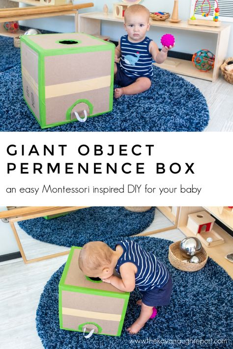 A Giant Montessori Object Permanence Box DIY Diy Object Permanence, Sensory Box Diy, Object Permanence Activities, Object Permanence Activities Infants, Diy Montessori Toys For 6-9 Months, Diy Object Permanence Box Montessori, Diy Montessori Toys 9-12 Months, Lovevery Diy, Object Permanence Box Diy