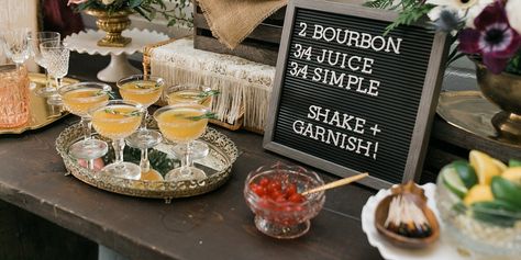 How To Set Up Your Own Bridal Shower Bourbon Bar Whiskey Bridal Shower Ideas, Wedding Cocktails Recipes, Whiskey Barrel Table, Bourbon Bar, Wedding Shower Themes, Pretty Cocktails, Antique Candle Sticks, Champagne Bar, Floral Print Crop Top