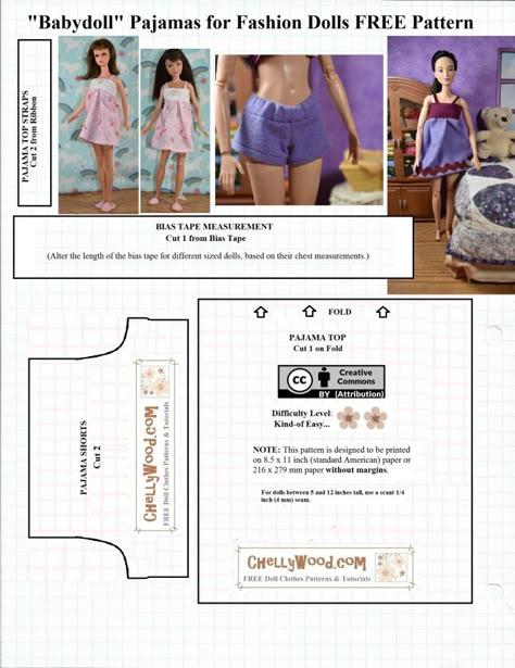 Barbie Pajamas Pattern, Barbie Shorts Pattern, Barbie Pajamas, Free Doll Clothes Patterns, Francie Doll, Liv Dolls, Barbie Dress Pattern, Sewing Barbie Clothes, Barbie Sewing Patterns