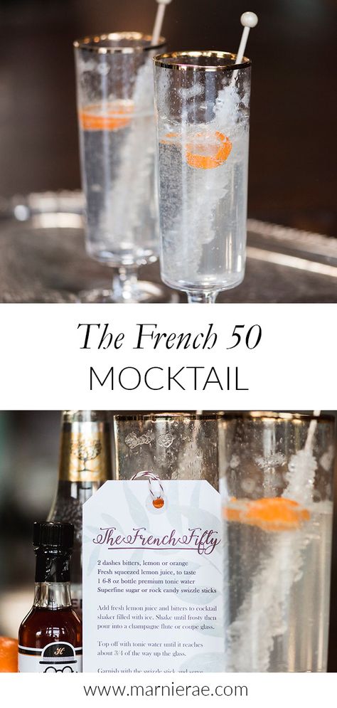 Non Alcoholic Canned Drinks, Clear Mocktails Non Alcoholic, Wedding Mock Tails, Mocktails For Wedding Reception Drinks, Champagne Mock Tail, French 75 Mocktail, French 75 Mock Tail, Mocktails Non Alcoholic Whiskey, Alcohol Free Drink Recipes