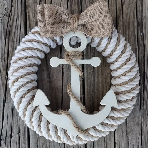 This nautical theme wreath is perfect for summertime! $33 #ribbonbranchcrafts #nautical #anchor #farmhouse #lake #lakelife #rope | Instagram Nautical Rope Crafts, Branch Crafts, Nautical Rope Decor, Nautical Wreaths, Rope Wreath Diy, Sunflower Wreath Diy, Nautical Decor Diy, Anchor Wreath, Beach Wreaths