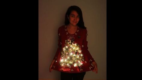 Christmas Sweater With Lights, Fun Christmas Outfits, Light Up Christmas Sweater, Ugly Christmas Sweater Outfit, Diy Christmas Shirts, Ugly Christmas Tree, Christmas Tree Light Up, Diy Christmas Sweater, Christmas Sweater Outfits