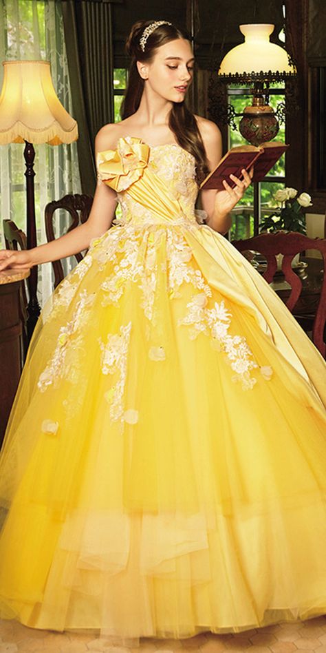 18 Fairytale Kuraudia Disney Wedding Dresses ❤ kuraudia disney wedding dresses ball gown yellow with floral appliques belle ❤ Full gallery: https://weddingdressesguide.com/kuraudia-disney-wedding-dresses/ #bride #wedding #bridalgown #disneyweddingdress Black Quince, Princess Dress Fairytale, Fairytale Bridal, Floral Lace Wedding Dress, Gold Quince, Fairytale Gown, Purple Wedding Dress, Disney Wedding Dresses, Wedding Dress Cake