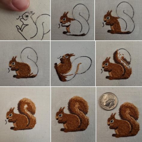 Forest Animal Embroidery Patterns, Squirrel Embroidery Pattern, Chipmunk Embroidery, Skunk Embroidery, Animal Embroidery Simple, Embroidery Animals Easy, Embroidery Patterns Animals, Embroidered Squirrel, Squirrel Embroidery