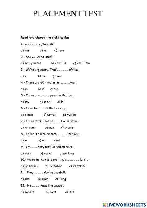 Placement Test A1-A2 worksheet Placement Test English For Beginners, English Tests For Beginners, English Exercises For Beginners, English Test For Beginners, English Placement Test, English Grammar Test, Test For Kids, English Grammar Exercises, Grammar Quiz