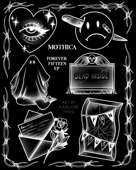 #mothica #mothicamusic #foreverfifteen #flashsheet #tattooflash #flashtattoo #tattoo #tattoos #tattooart #tattoostyle #tsttoodesign #tattooapprentice #procreate #digitalart #digitalartist #tiktok #ghost #smileyface #smile #frown #buzzkill #funhouse #ghost #eye #linework #ipad #ipadart #barbed #barbedwire Eye Linework, Tattoo Reference, Flash Sheet, Tattoo Apprentice, Ipad Art, Tattoo Flash, Tattoo Style, Flash Tattoo, Art Tattoo