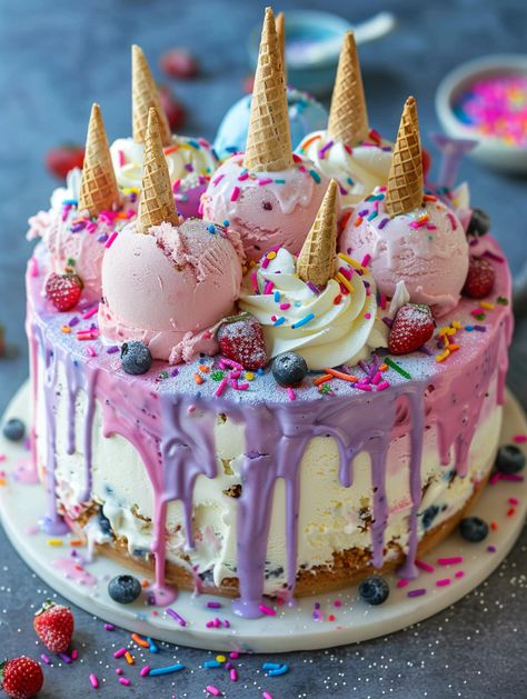 🦄 𝗜𝗻𝗴𝗿𝗲𝗱𝗶𝗲𝗻𝘁𝘀 🦄 - 1 package of vanilla ice cream - 1 package of strawberry ice cream - 1 package of blueberry ice cream - 1 package of rainbow sherbet - 1 cup crushed sugar cones - 1 cup rainbow sprinkles - 1/2 cup whipped cream - Edible glitter (optional) 🦄 𝗜𝗻𝘀𝘁𝗿𝘂𝗰𝘁𝗶𝗼𝗻𝘀 🦄 1. Allow the vanilla, strawberry, and blueberry ice creams to soften at room temperature for 10-15 minutes. 2. Line a 9-inch round cake pan with plastic wrap, leaving some overhang.. Space Ice Cream Cake, Rainbow Ice Cream Cake, Easy Christmas Cake Recipe, Holiday Ice Cream, Unicorn Ice Cream, Rainbow Desserts, Unicorn Desserts, Unicorn Treats, Blueberry Ice Cream