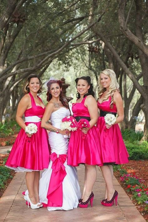 Neon Pink Wedding Dress, Rockabilly Bridesmaid Dress, Hot Pink Bridesmaid Dresses Mismatched, Hot Pink Beach Wedding Dress, Fuschia Bridesmaid Dresses Short, Hot Pink Bridesmaid Dresses Couture Candy, Hot Pink Bridesmaid Dresses, Hot Pink Bridesmaids, Retro Inspired Dress